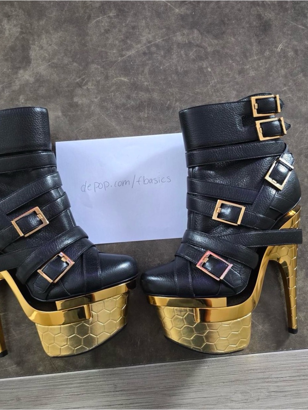 Versace Black Leather Platform Ankle Boots with Gold Hex Platform